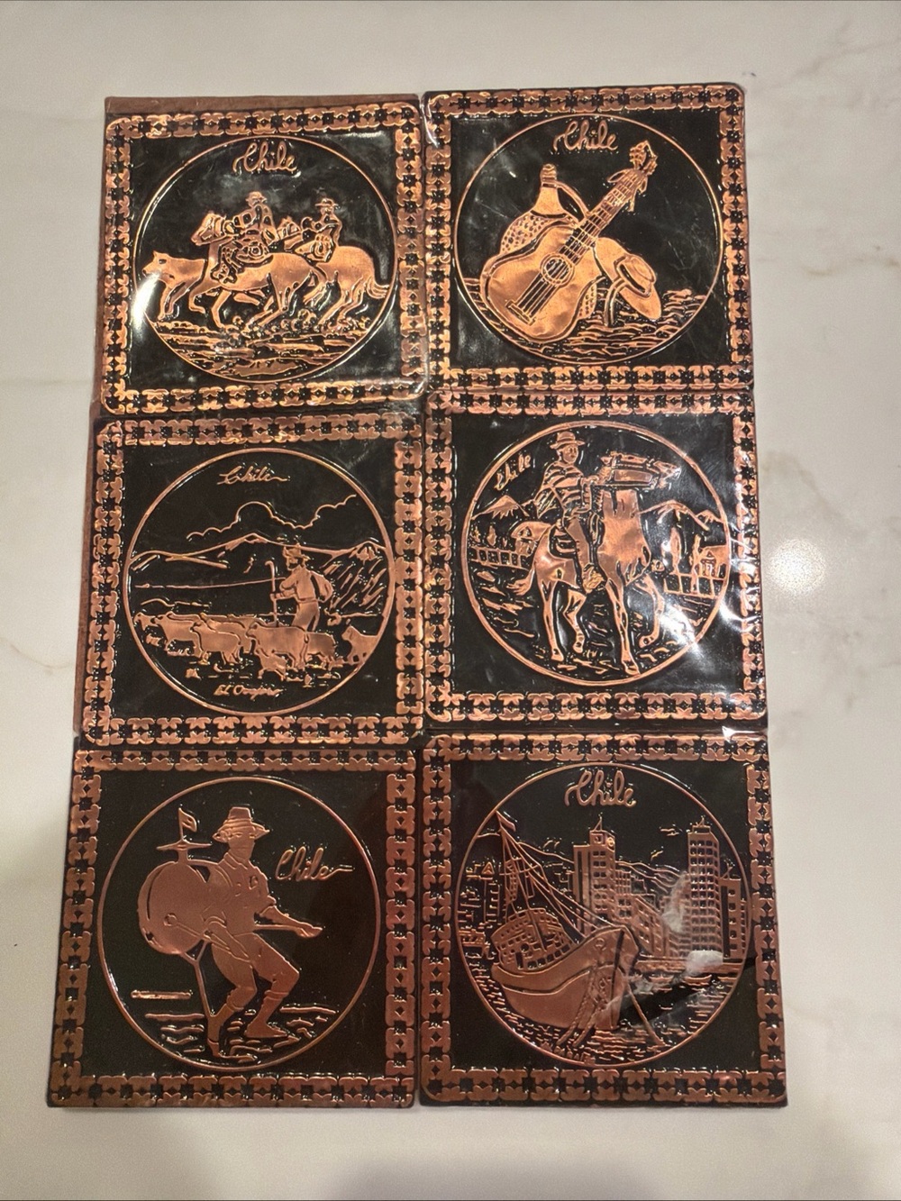 Vintage Copper-Tone Chile Souvenir Decorative Coaster Set - Black & Copper 1960s